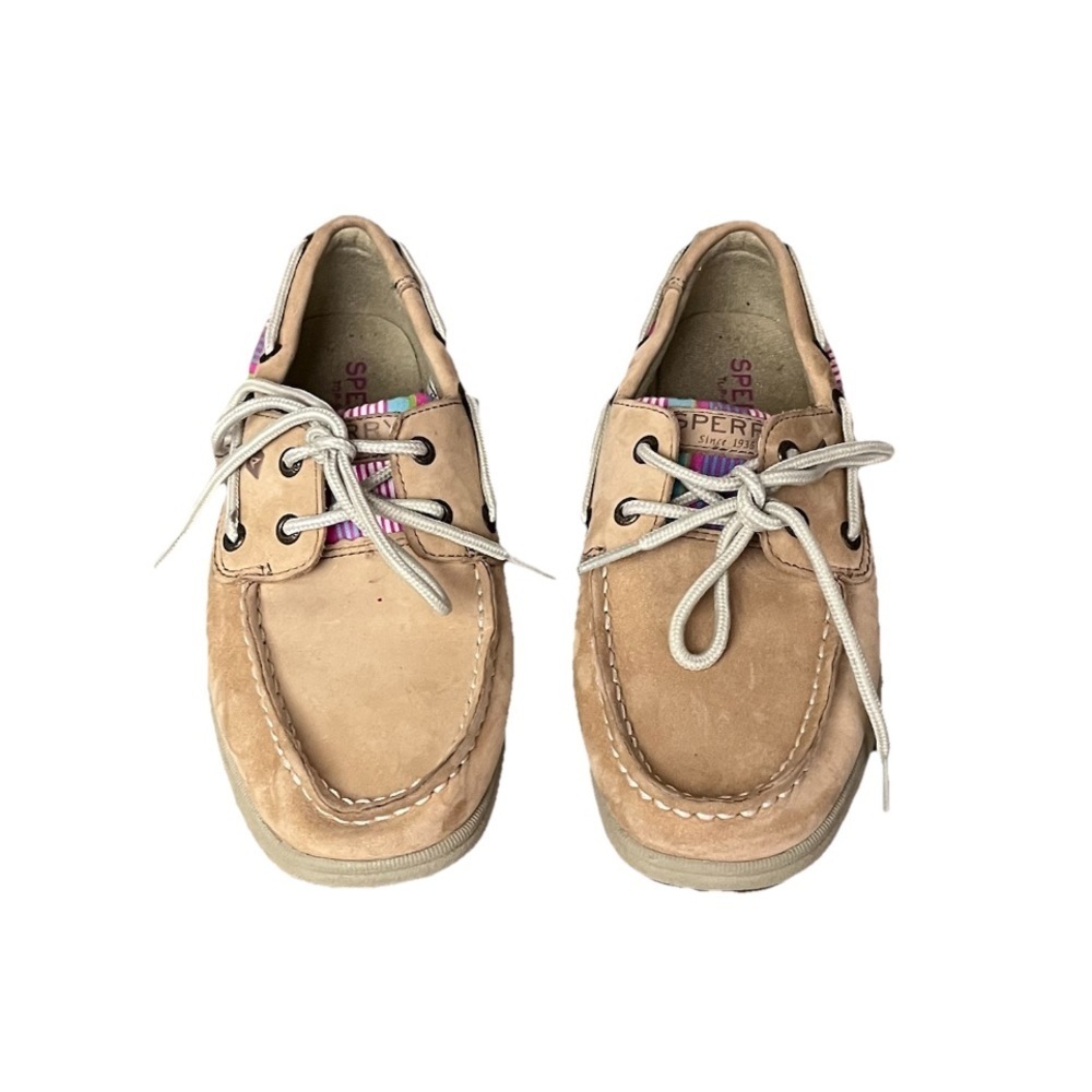 Sperry Top-Sider Girls Boat Shoes Size 2.5M Tan Leather Rainbow Stripe Nautical - Picture 3 of 10